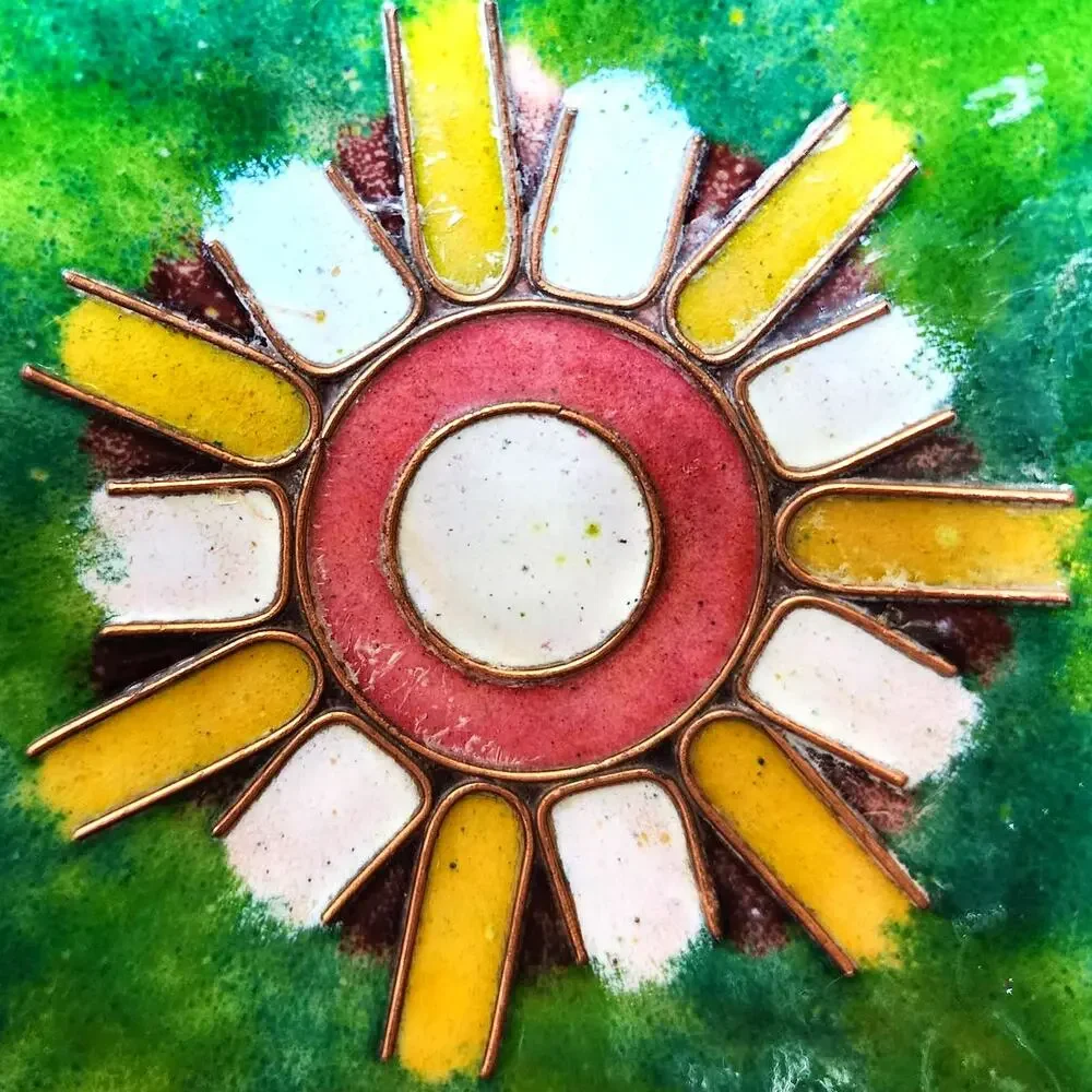 VTG Unique Square Copper and Enamel Trinket Dish Jewelry Tray with Round Handles